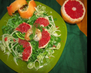 Sommerlicher Vogerl-Fenchel-Grapefruitsalat mit Riesengarnelen 