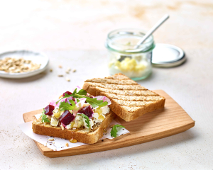 Ölz Mehrkorn Toast mit rote Rüben, Apfel-Kren, Chioggia Rübe & geröstete Sonnenblumenkerne 