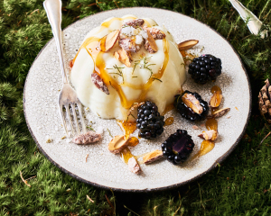 Fichtennadelpudding mit gebrannten Nüssen und Honig