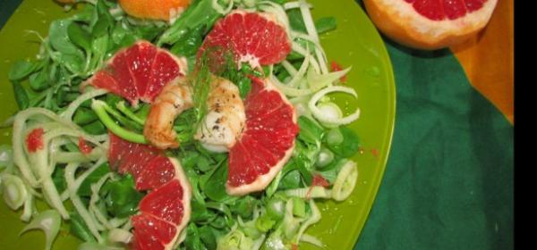 Sommerlicher Vogerl-Fenchel-Grapefruitsalat mit Riesengarnelen 