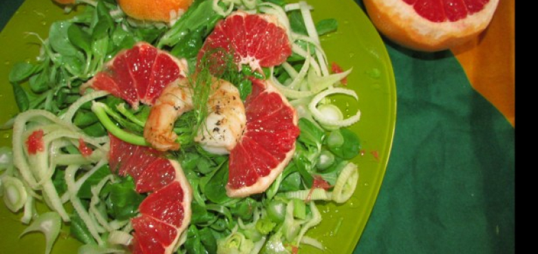 Sommerlicher Vogerl-Fenchel-Grapefruitsalat mit Riesengarnelen 